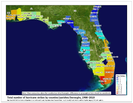 [Map of 1900-2010 Hurricane Strikes by U.S. counties/parishes (East Gulf)]