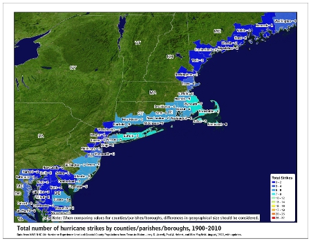 [Map of 1900-2010 Hurricane Strikes by U.S. counties/parishes (Northeast)]