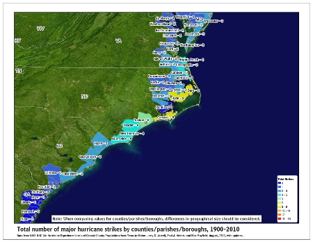 [Map of 1900-2010 Major Hurricane Strikes by U.S. counties/parishes (Southeast)]