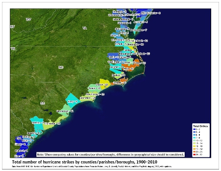 [Map of 1900-2010 Hurricane Strikes by U.S. counties/parishes (Southeast)]