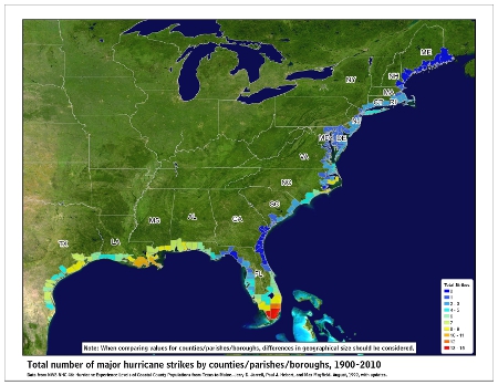 [Map of 1900-2010 Major Hurricane Strikes by U.S. counties/parishes]