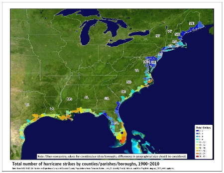 [Map of 1900-2010 Hurricane Strikes by U.S. counties/parishes]