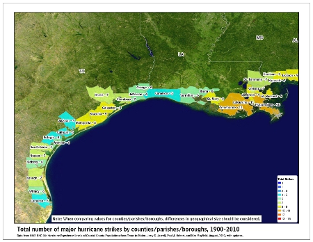 [Map of 1900-2010 Major Hurricane Strikes by U.S. counties/parishes (West Gulf)]