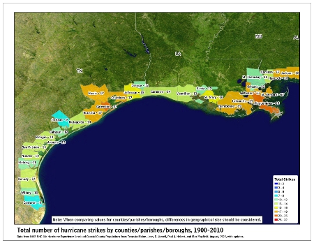 [Map of 1900-2010 Hurricane Strikes by U.S. counties/parishes (West Gulf)]